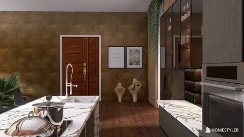 modern kitchen design featuring an elegant marble countertop and wooden flooring, showcasing a warm and inviting atmosphere with an emphasis on contemporary aesthetics; powered by Homestyler's real-time 3D rendering feature.