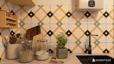 kitchen backsplash tiles design showcasing vibrant patterns and textures while optimizing space utilization using Homestyler's real-time 3D rendering feature.
