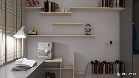 a modern bookshelf arrangement with a desk and lamp creating a minimalist workspace in a home office interior design, featuring Homestyler's real-time 3D rendering capability