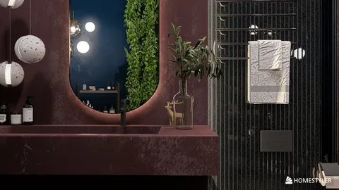 modern bathroom design featuring a bold burgundy sink with a circular mirror, enhanced by lush greenery and soft lighting, utilizing Homestyler's real-time 3D rendering feature for effective interior decor visualization.