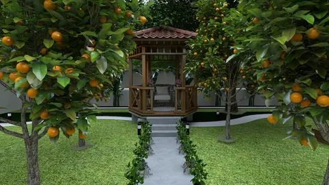 garden gazebo surrounded by fruit trees enhancing outdoor space with natural beauty, showcasing realistic 3D rendering capabilities of Homestyler