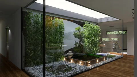 Indoor garden design showcasing a tranquil space with a pond and greenery, enhancing the peaceful atmosphere in a modern home, utilizing Homestyler's real-time 3D rendering feature.