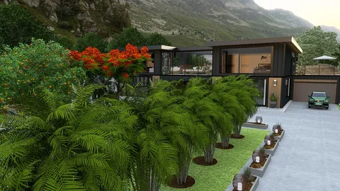 lush palm trees landscaping design featuring modern house exterior in a tropical style, showcasing Homestyler's real-time 3D rendering feature.