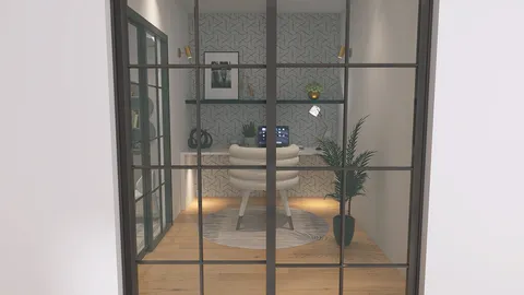 modern home office interior featuring a glass partition design, showcasing stylish furniture arrangement and a contemporary aesthetic, optimizing small spaces with Homestyler's smart furniture layout feature.
