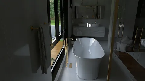 sleek freestanding bathtub in a modern bathroom with large windows providing natural lighting, showcasing contemporary interior design using Homestyler's real-time 3D rendering feature for an immersive renovation preview.