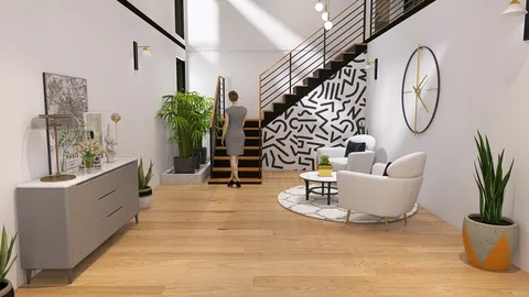 modern hallway design featuring a woman walking up the stairs, showcasing an elegant staircase and stylish furniture, highlighting interior decor for a contemporary home, utilizing Homestyler's real-time 3D rendering feature.
