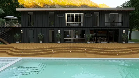 modern house exterior showcasing outdoor deck and swimming pool with 3D rendering style highlighting the space's value