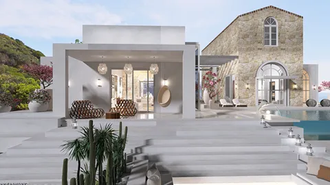 modern outdoor seating arrangement with stylish design elements in a contemporary villa style, enhancing the outdoor living space, showcasing Homestyler's real-time 3D rendering feature.