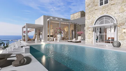 luxurious villa exterior design featuring a stunning pool and modern architecture with scenic ocean views, creating an inviting atmosphere for outdoor relaxation using Homestyler's real-time 3D rendering feature