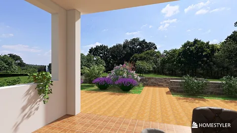 outdoor patio design showcasing landscaped garden with vibrant flowers rendering in a modern style, enhancing the outdoor living space using Homestyler's real-time 3D rendering feature.