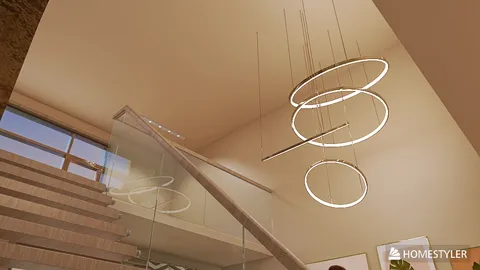 modern chandelier lighting design illuminating a staircase area in a contemporary home, showcasing Homestyler's real-time 3D rendering feature