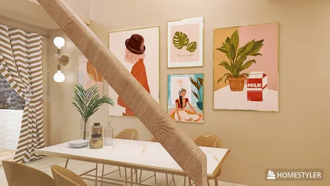 Dining room featuring a marble table and stylish chairs, showcasing modern art pieces on the walls, designed using Homestyler's smart furniture arrangement feature for optimal space utilization.