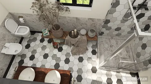 modern bathroom design featuring an overhead view of a stylish hexagonal tile layout and efficient space utilization, showcasing Homestyler's real-time 3D rendering functionality.