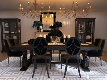 dining room with elegant black chairs and a large table featuring stylish candle decor, showcasing luxurious design elements and ambiance using Homestyler's real-time 3D rendering.