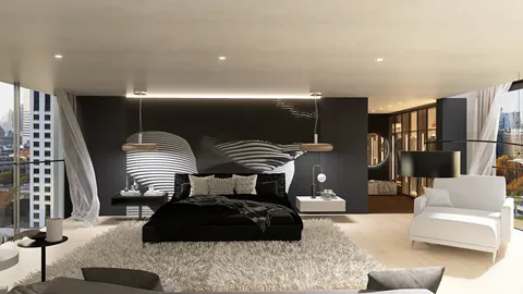 modern bedroom design featuring a sleek bed arrangement with elegant decor elements and a contemporary style, showcasing the interior design optimization capabilities of Homestyler.