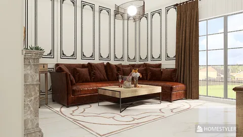 cozy brown sectional sofa arranged in a living room featuring elegant wall paneling and natural light, showcasing interior decor through Homestyler's real-time 3D rendering feature.