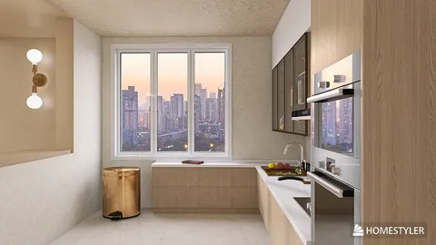 Modern kitchen with panoramic city view featuring smart furniture arrangement in a minimalist style, utilizing Homestyler's real-time 3D rendering for an accurate design proposal.
