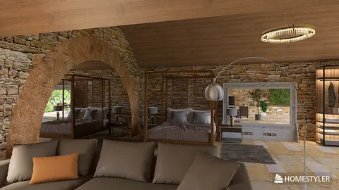 stone wall bedroom design with modern furniture arrangement in rustic style showcasing interior decor optimization using Homestyler's real-time 3D rendering feature.