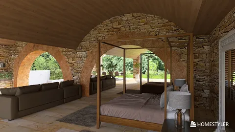 spacious bedroom featuring a four-poster bed with natural stone walls and vaulted ceilings in a rustic style, showcasing interior design with Homestyler's real-time 3D rendering