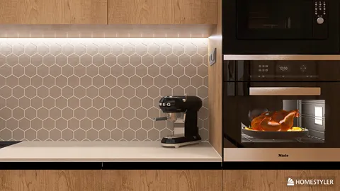 modern kitchen design featuring a hexagon tile backsplash with a coffee machine and oven, showcasing a sleek style and functional layout, utilizing Homestyler's real-time 3D rendering feature for effective design visualization.