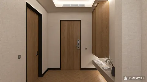 modern hallway design featuring wood paneling and minimalist decor, enhancing the entryway space using Homestyler's real-time 3D rendering feature.