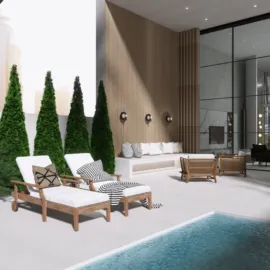 outdoor lounge area featuring stylish lounge chairs and modern decor with a minimalist design emphasizing relaxation and leisure in the backyard setting, utilizing Homestyler's real-time 3D rendering for design visualization.