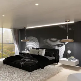 modern bedroom featuring a black bed with cozy textures, designed using interior decor principles, showcasing a contemporary style with focus on comfort and elegance, utilizing Homestyler's real-time 3D rendering functionality.