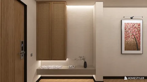 Modern entrance hall with minimalist design featuring a wooden cabinet and decorative elements, showcasing interior decor solutions with Homestyler's real-time 3D rendering functionality.