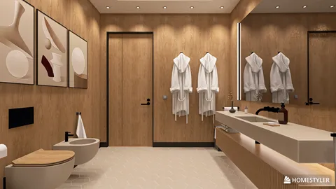 modern bathroom design featuring wooden accents, showcasing a cozy and relaxing atmosphere, utilizing Homestyler's real-time 3D rendering for design visualization.
