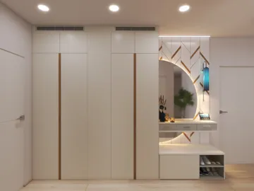 Modern minimalist entrance design featuring sleek white cabinetry and a stylish console table, showcasing a practical and aesthetically pleasing entryway space with smart furniture arrangement for optimal use.