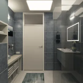 Modern bathroom design featuring a sleek vanity and contemporary fixtures, showcasing a serene atmosphere and efficient use of space, enhanced by Homestyler's real-time 3D rendering feature.