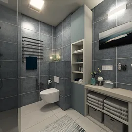 modern bathroom design featuring a walk-in shower and compact storage solutions using Homestyler's real-time 3D rendering for efficient visualization.