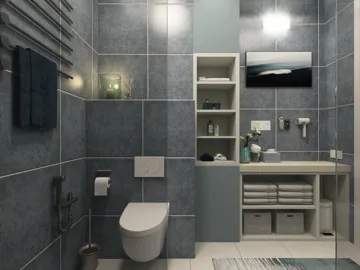 Modern bathroom design showcasing tiled walls and contemporary fixtures with an emphasis on space efficiency and functionality; featuring Homestyler's real-time 3D rendering to visualize design proposals.