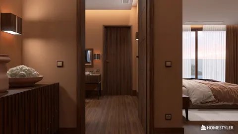 Modern interior hallway featuring warm tones and elegant furniture arrangement, showcasing a cozy atmosphere suitable for home design; utilizes Homestyler's real-time 3D rendering for effective visualization.