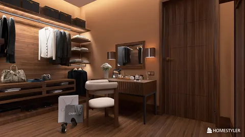 walk-in closet featuring organized clothing storage and a stylish vanity area in a modern design; enhances interior decor aesthetics through smart furniture arrangement utilizing Homestyler's real-time 3D rendering feature.