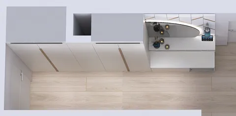 top view of a modern kitchen design featuring sleek cabinets and a minimalist countertop layout, showcasing interior decor optimization with Homestyler's real-time 3D rendering feature.