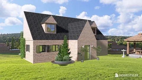exterior house design showcasing a modern brick facade with a sloped roof surrounded by landscaped garden elements, featuring real-time 3D rendering capabilities in Homestyler for an immersive design experience.