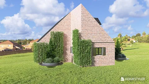 modern house exterior design showcasing a combination of brick and greenery in a natural setting, enhancing the outdoor aesthetics, utilizing Homestyler's real-time 3D rendering feature.