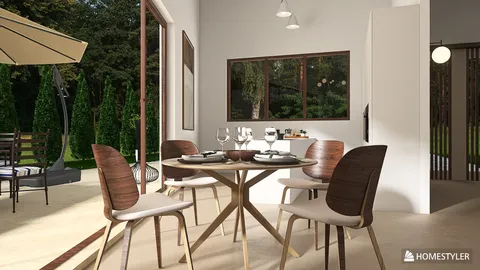 Dining room table set with tableware and outdoor view + designed for casual dining + modern style + enhances dining space value with Homestyler's real-time 3D rendering feature.