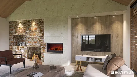 cozy living room with a modern fireplace and stone wall featuring a flat-screen TV in a contemporary style, enhancing interior decor with homestyler's real-time 3D rendering functionality.