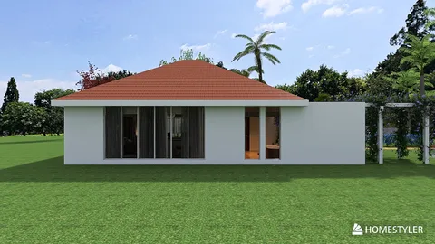 Modern house exterior design showcasing a minimalistic style, featuring a spacious backyard and large glass windows, optimized with Homestyler's real-time 3D rendering for quick renovation previews.