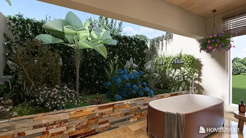Modern bathroom featuring a stylish freestanding bathtub surrounded by lush greenery and vibrant flowers, enhancing a tranquil outdoor space, designed using Homestyler's real-time 3D rendering for immersive visualization.