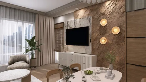 modern living room design featuring a cozy seating area and a decorative feature wall with a television, showcasing a contemporary aesthetic suitable for interior decor enthusiasts; utilizes Homestyler's real-time 3D rendering for effective visualization.