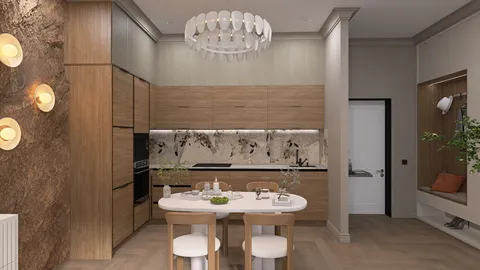 modern kitchen design featuring warm wooden cabinetry and a minimalist dining table, showcasing an elegant style with a cozy atmosphere, utilizing Homestyler's real-time 3D rendering for efficient design visualization.