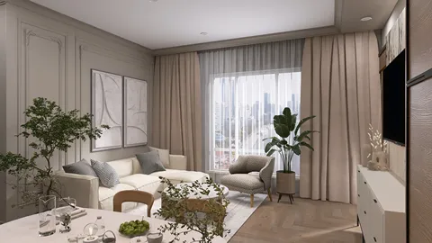 living room featuring a cozy sofa arrangement with modern decor elements, embracing a minimalist style and enhancing spaciousness, utilizing Homestyler's real-time 3D rendering for design previews.