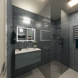modern bathroom design featuring a spacious shower area with sleek tiles, showcasing real-time 3D rendering for realistic visualization, maximizing functionality in a contemporary space.