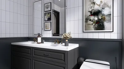 modern bathroom design showcasing a sleek double vanity with black cabinetry and framed art, optimized for enhancing small space functionality using Homestyler's real-time 3D rendering feature