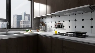 Modern kitchen design showcasing a sleek layout and elegant tile backsplash with a city view, featuring functionality and style, highlighting Homestyler's real-time 3D rendering capability.