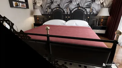 bed with pink bedding arranged in a modern black-themed bedroom featuring tropical wallpaper and elegant lamps, showcasing interior design using Homestyler's real-time 3D rendering capability