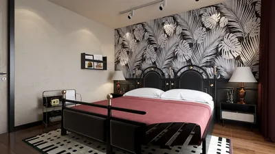 bedroom with a tropical leaf patterned accent wall showcasing a modern black bed design in a chic style, emphasizing interior decor with Homestyler's real-time 3D rendering for a quick renovation preview.